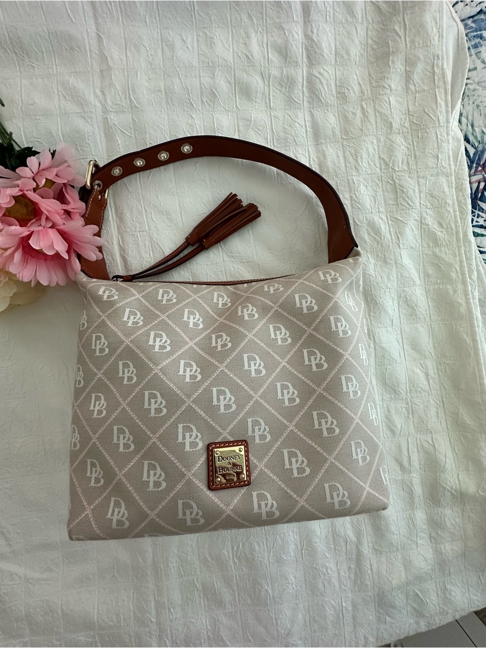 Dooney & Bourke FINAL SALE Beige Logo Shoulder Bag with Brown Strap and Tassel